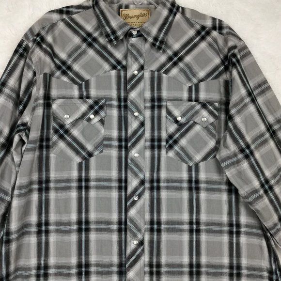 Wranglers Mens Shirt Western Plaid Pearl Snap Gray Long Sleeve Pockets XL - Picture 6 of 11